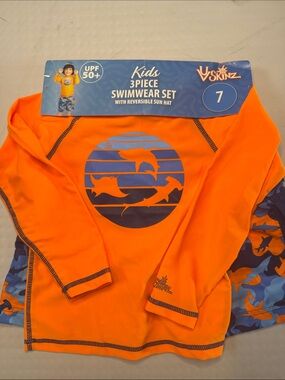 Skin Kids Orange Rash Guard Set with Blue Shark Print